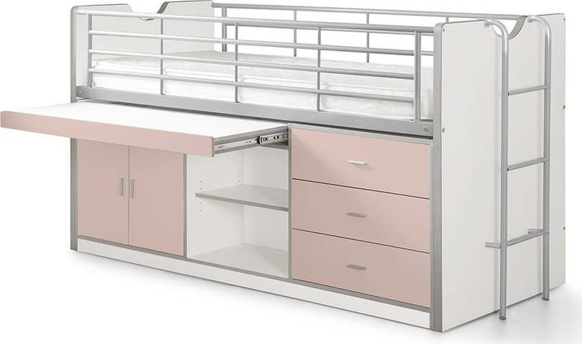 Bílo-růžová vyvýšená dětská postel s úložným prostorem s roštem 90x200 cm Bonny – Vipack