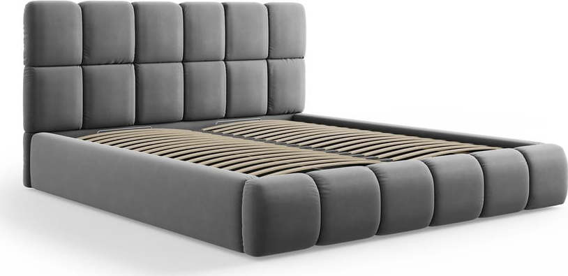 Šedá sametová čalouněná dvoulůžková postel s úložným prostorem s roštem 160x200 cm Bellis – Micadoni