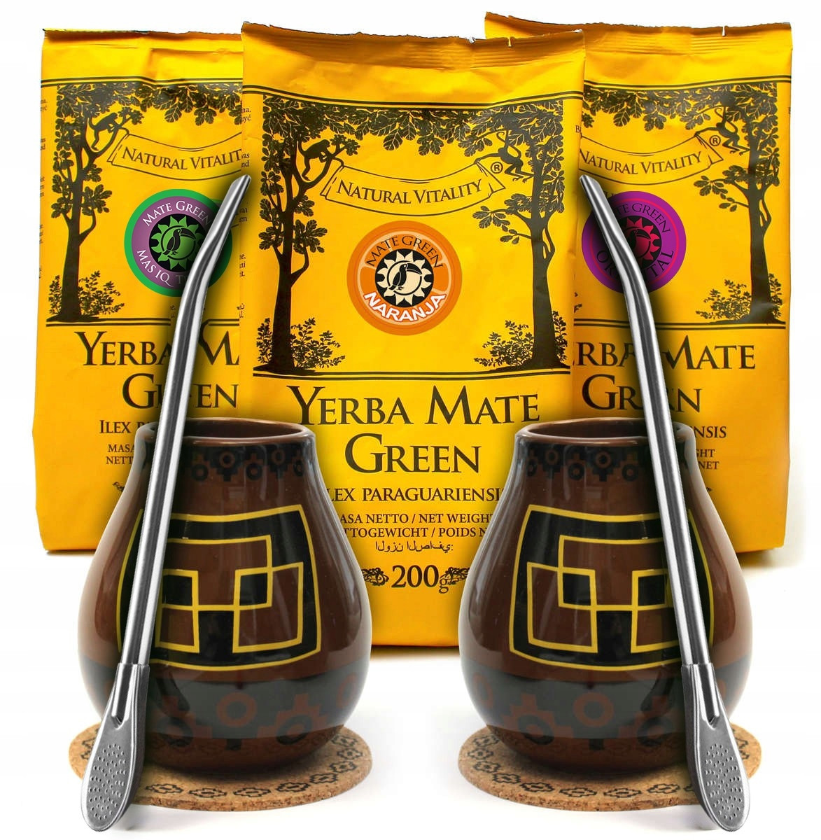 Zvětšená sada Yerba Mate Green pro dva Bombilla Matero 3 různé 200g