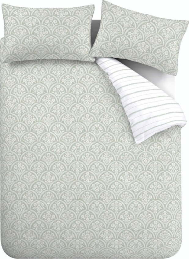 Bílo-zelené povlečení na jednolůžko z bavlněného perkálu 135x200 cm Scallop Floral – Bianca