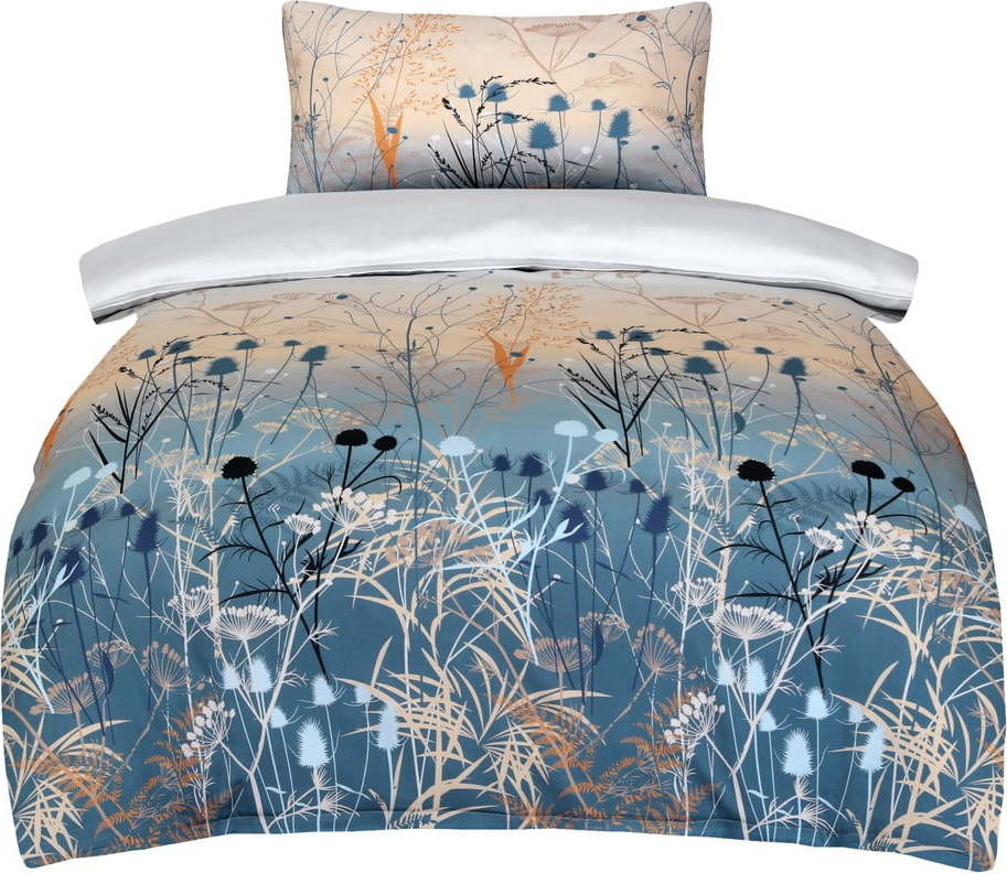 Modro-béžové povlečení na jednolůžko z bavlněného saténu 140x200 cm Herbal – My House