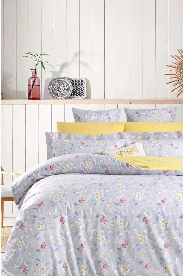 Žluto-šedé prodloužené povlečení na dvoulůžko z bavlny Renforcé s prostěradlem/4dílné 200x220 cm – Mila Home