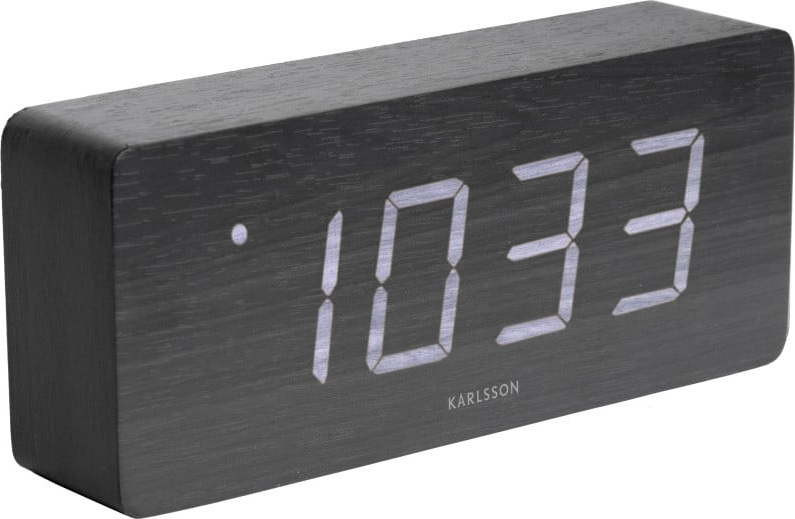 Černý budík v dřevěném dekoru Karlsson Tube, 21 x 9 cm