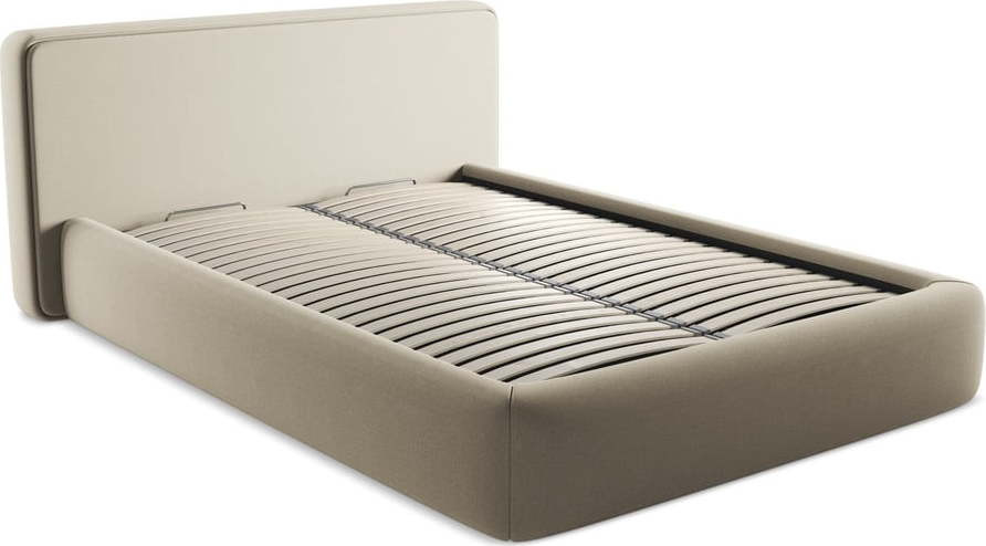 Béžová čalouněná dvoulůžková postel s úložným prostorem s roštem 140x200 cm Kiana – Makamii