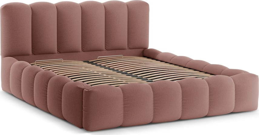 Růžová čalouněná dvoulůžková postel s úložným prostorem s roštem 160x200 cm Lupine – Micadoni