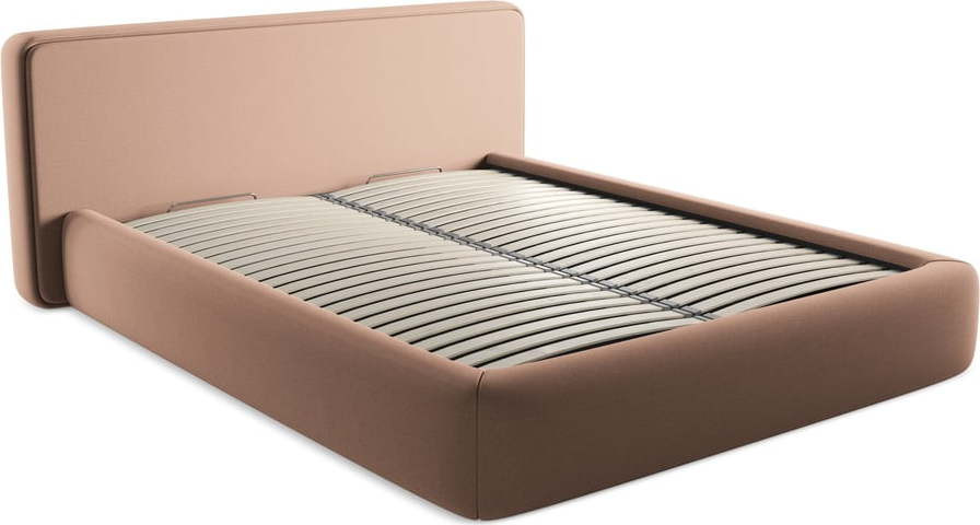 Světle růžová čalouněná dvoulůžková postel s úložným prostorem s roštem 160x200 cm Kiana – Makamii