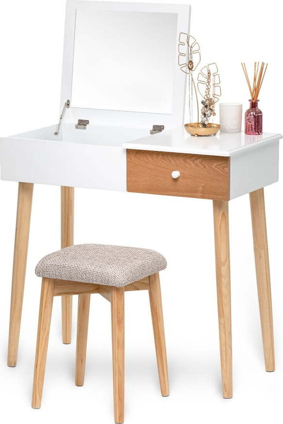 Bílý toaletní stolek se zrcadlem, šperkovnicí a stoličkou Bonami Essentials Beauty