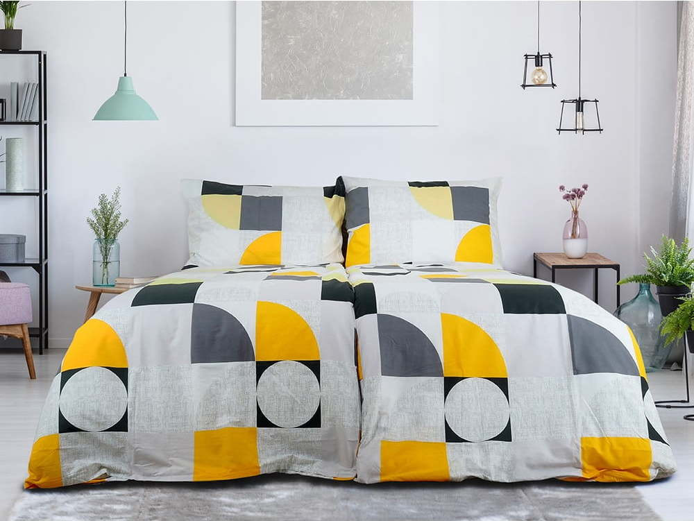 Žluté/šedé krepové povlečení na jednolůžko 140x200 cm Geometries – B.E.S.