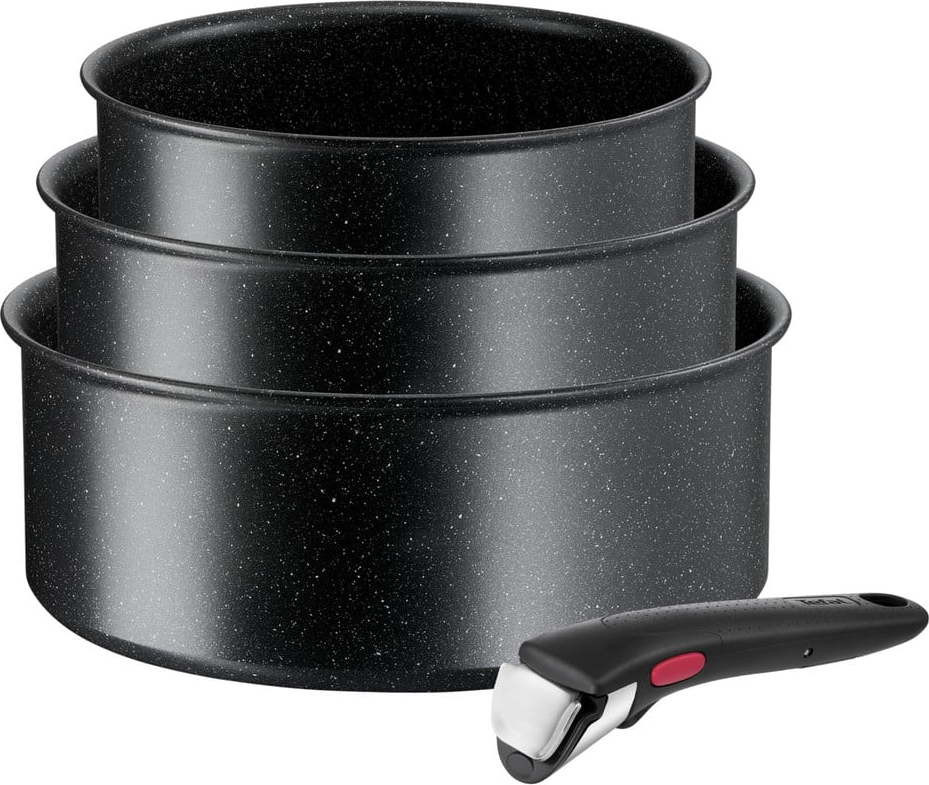 Hliníkové hrnce na indukci s nepřilnavým povrchem a odnímatelnou rukojetí v sadě 3 ks INGENIO Black stone L3998902 – Tefal