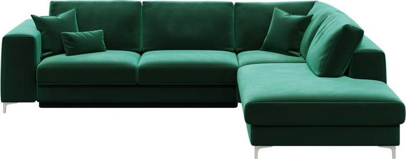 Tmavě zelená sametová rozkládací rohová pohovka Devichy Rothe, pravý roh