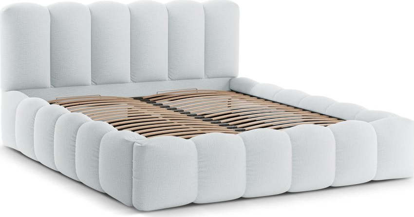 Světle šedá čalouněná dvoulůžková postel s úložným prostorem s roštem 200x200 cm Lupine – Micadoni