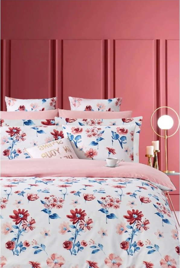 Bílo-růžové prodloužené povlečení na dvoulůžko z bavlny Renforcé s prostěradlem/4dílné 200x220 cm – Mila Home