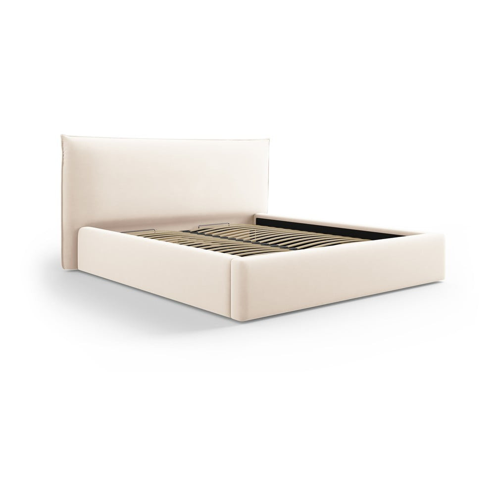 Krémová čalouněná dvoulůžková postel s úložným prostorem a roštem 180x200 cm Elio – Milo Casa