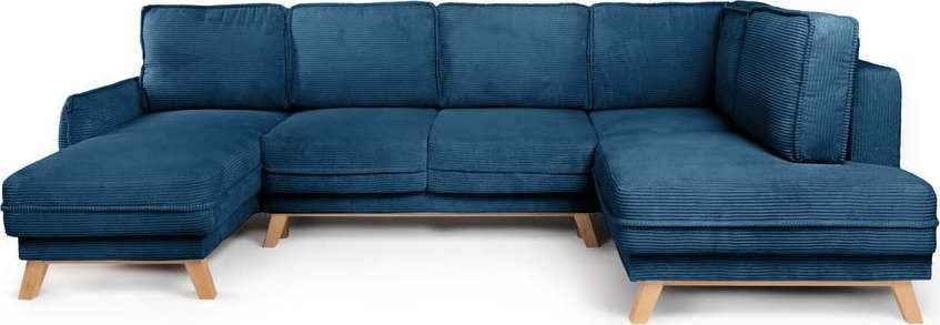 Modrá manšestrová rozkládací rohová pohovka (pravý roh/do