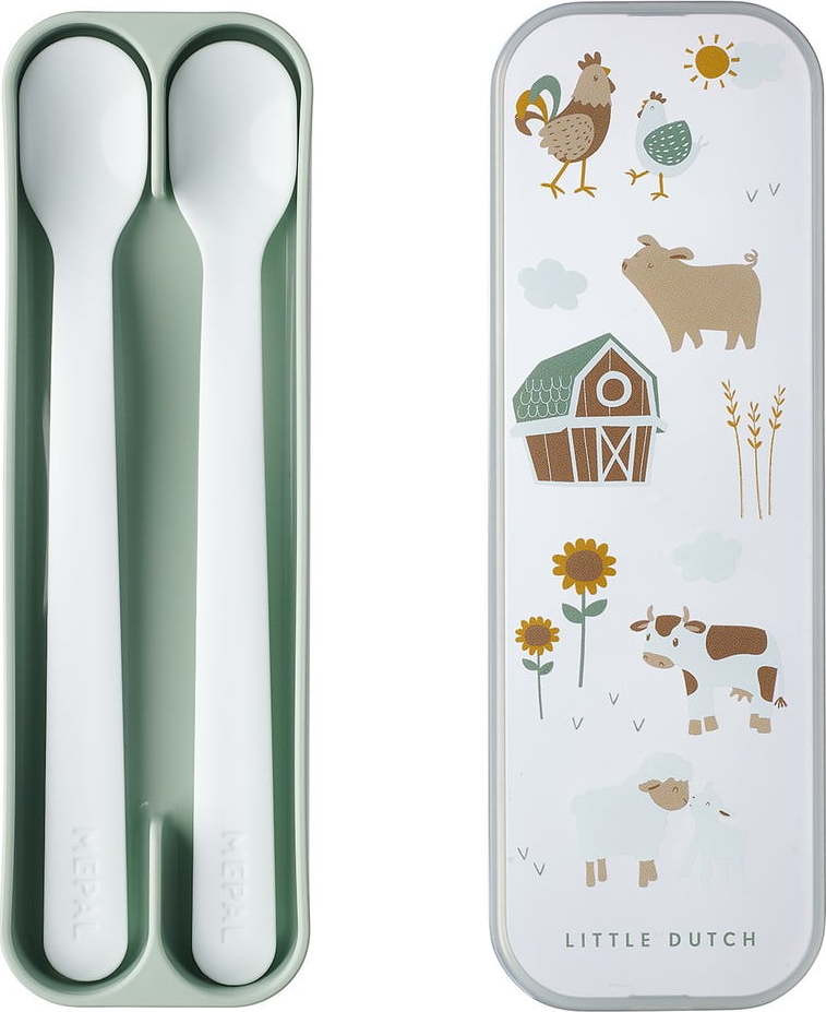 Plastové dětské lžičky v bílé a světle zelené barvě v sadě 2 ks Little farm – Mepal
