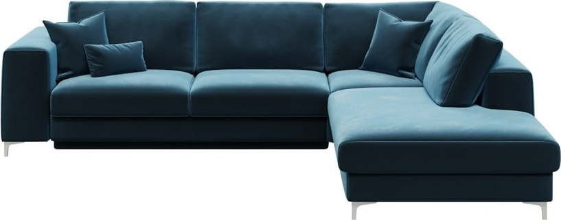 Tmavě modrá sametová rozkládací rohová pohovka Devichy Rothe, pravý roh