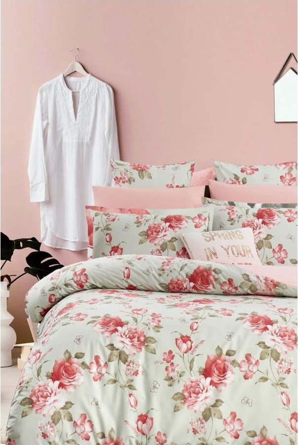 Zeleno-růžové prodloužené povlečení na dvoulůžko z bavlny Renforcé s prostěradlem/4dílné 200x220 cm – Mila Home