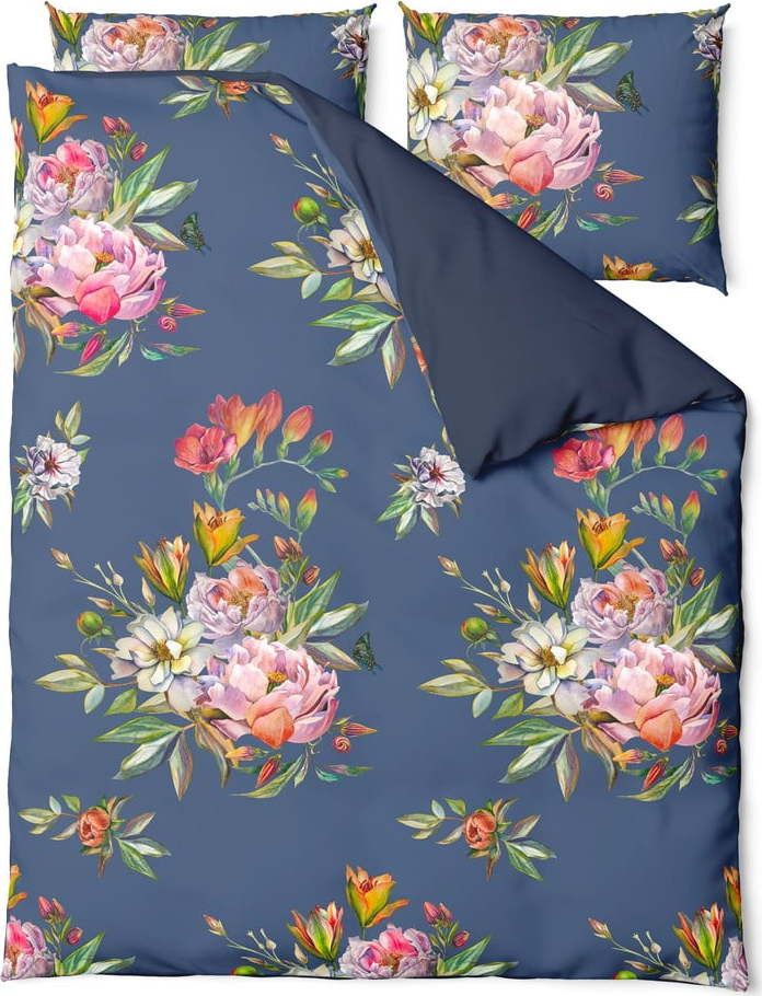 Námořnicky modré povlečení na dvoulůžko z bavlněného saténu Bonami Selection Floret, 200 x 200 cm