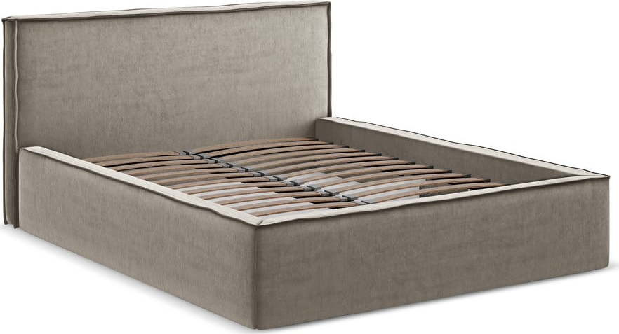 Čalouněná dvoulůžková postel taupe s úložným prostorem s roštem 180x200 cm Anani – Makamii
