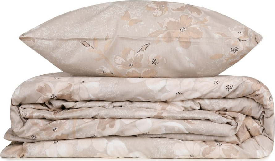 Béžové bavlněné prodloužené povlečení na dvoulůžko s prostěradlem 200x220 cm Elena – Mijolnir