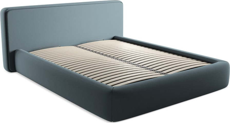 Modrá čalouněná dvoulůžková postel s úložným prostorem s roštem 160x200 cm Kiana – Makamii