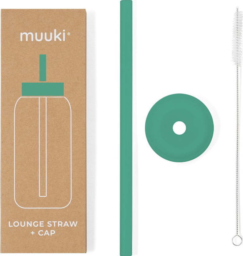 Silikonové brčko s čistícím kartáčkem/s víčkem Frosted Green – Muuki