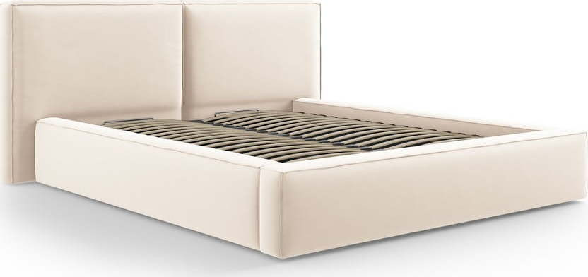 Krémová sametová čalouněná dvoulůžková postel s úložným prostorem s roštem 180x200 cm Arendal – Cosmopolitan Design