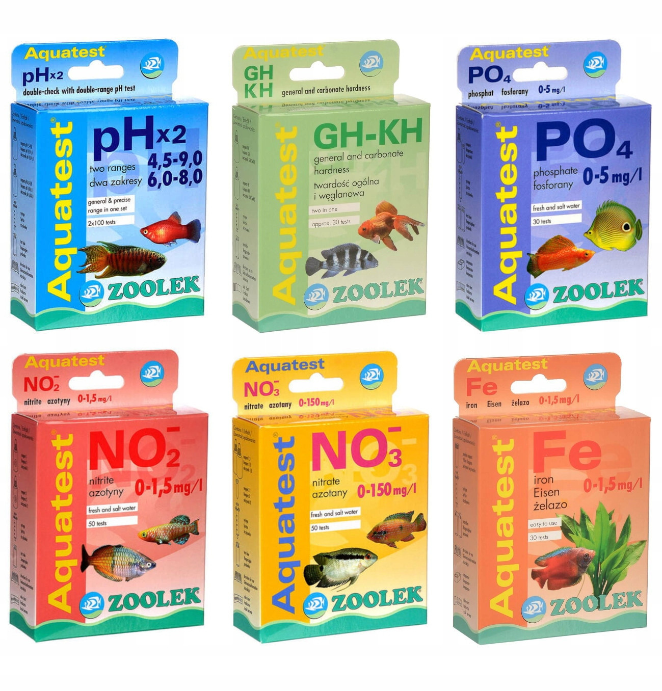 Zoolek Sada testů pro akvárium pH Gh Kh PO4 NO2 NO3 Fe