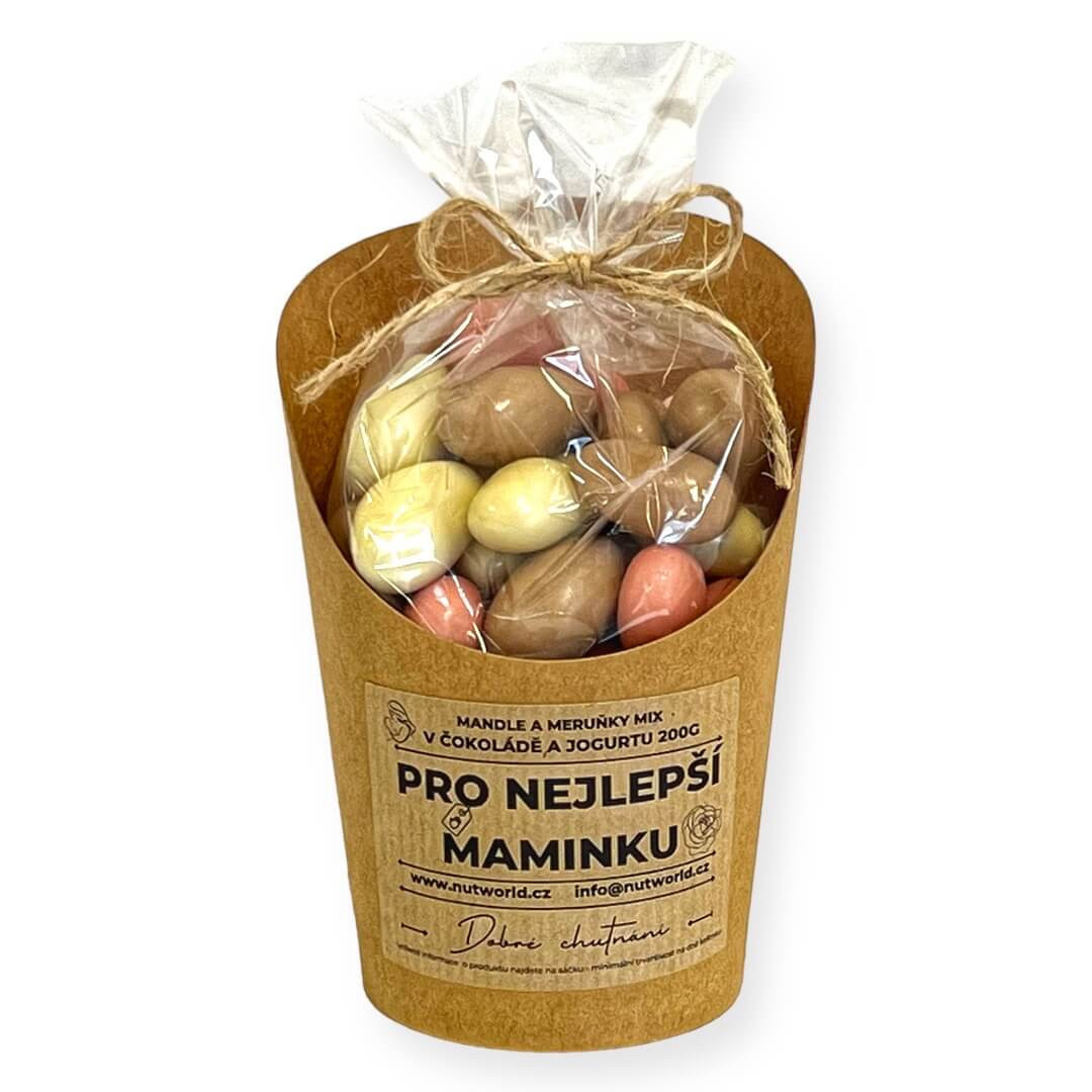 Nutworld.cz Mandle a meruňky v čokoládě v celofánku a kelímku 180g PRO MAMINKU