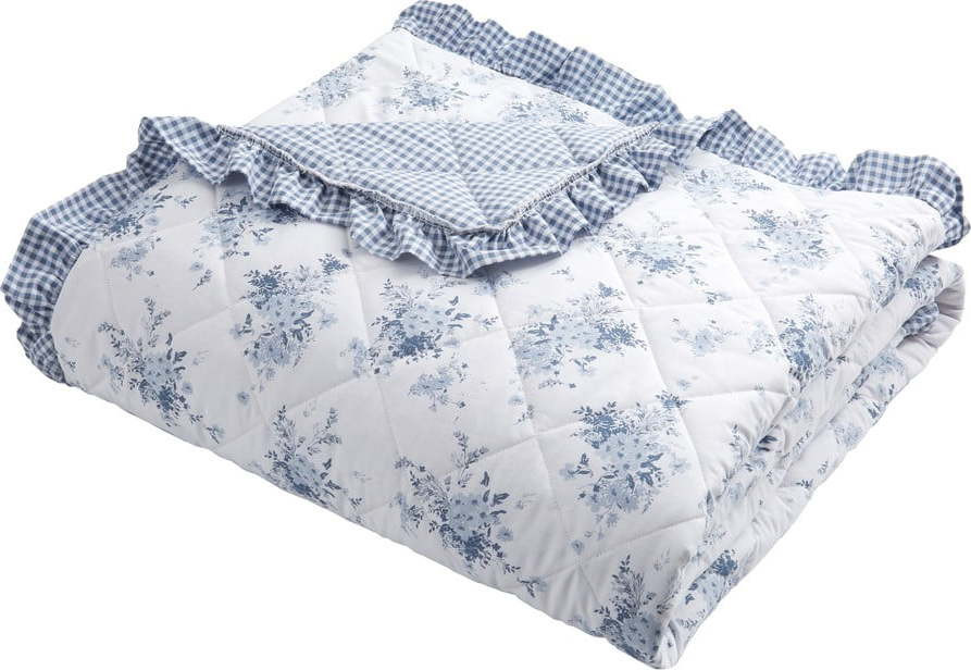 Bílo-modrý prošívaný přehoz 220x230 cm Lucie Floral Frill – Catherine Lansfield
