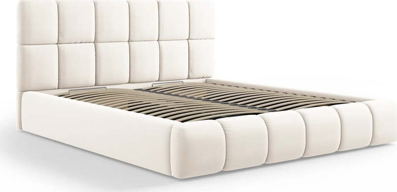 Krémová sametová čalouněná dvoulůžková postel s úložným prostorem s roštem 200x200 cm Bellis – Micadoni