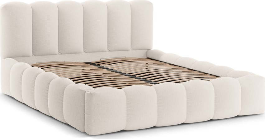 Krémová čalouněná dvoulůžková postel s úložným prostorem s roštem 160x200 cm Lupine – Micadoni