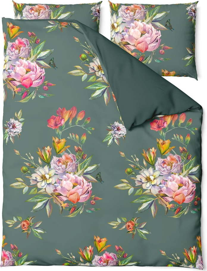 Tmavě zelené povlečení na dvoulůžko z bavlněného saténu Bonami Selection Floret, 160 x 220 cm