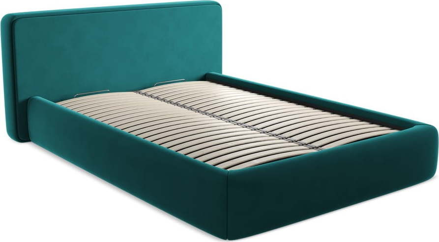 Tyrkysová čalouněná dvoulůžková postel s úložným prostorem s roštem 160x200 cm Kiana – Makamii