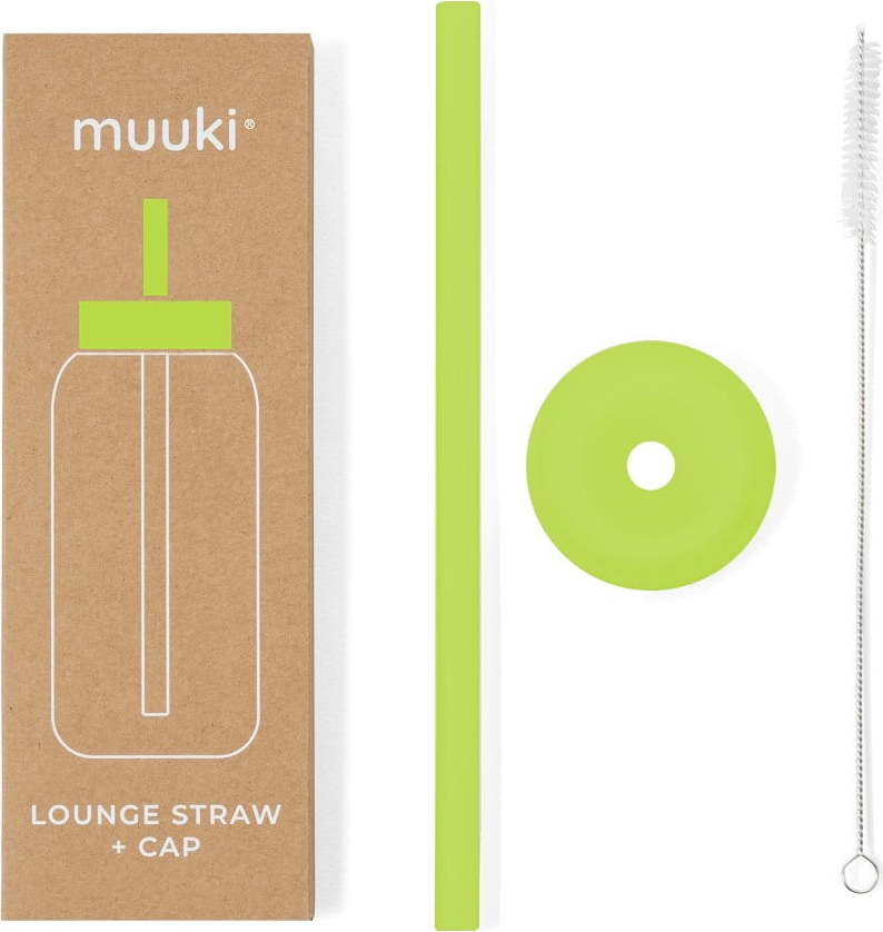 Silikonové brčko s čistícím kartáčkem/s víčkem Electric Lime – Muuki