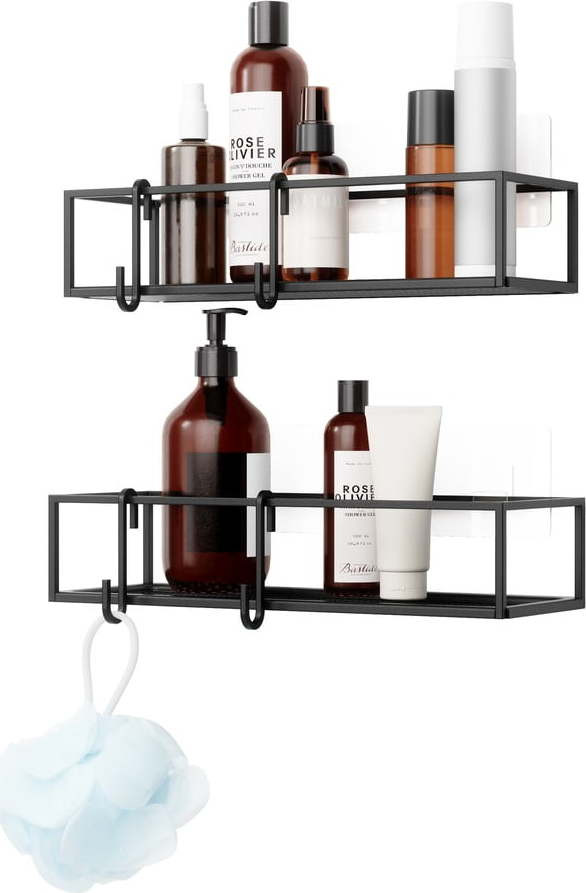 Černé samodržící ocelové koupelnové poličky 2 ks Cubiko – Umbra