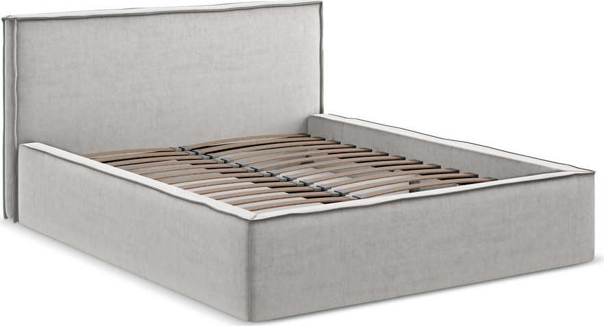 Světle šedá čalouněná dvoulůžková postel s úložným prostorem s roštem 140x200 cm Anani – Makamii