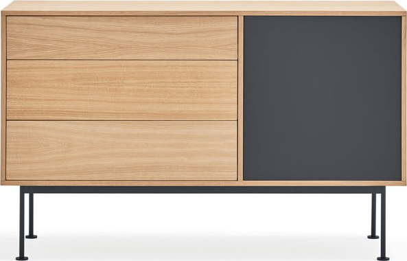 Antracitově šedá komoda s dubovou dýhou Teulat Yoko, šířka 128 cm