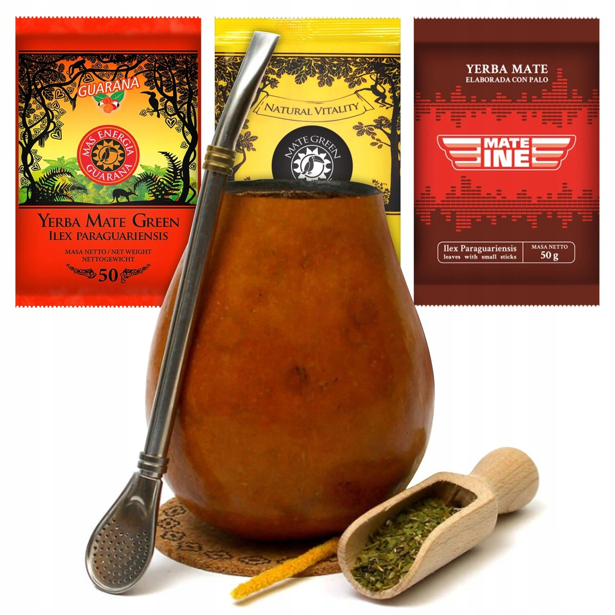 Set Yerba Mate Velká Přírodní Tykva bombilla nabierka 3x50g různé příchutě