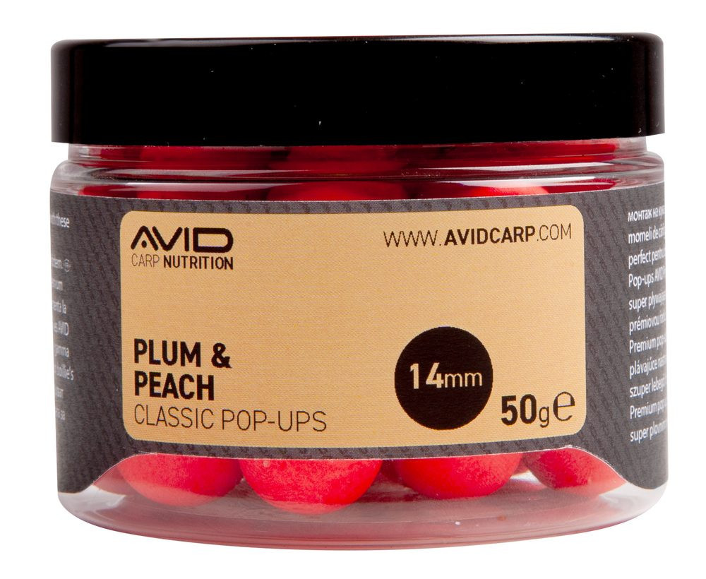 Avid Plovoucí boilie Classic Pop-Ups Plum & Peach 14mm 50g