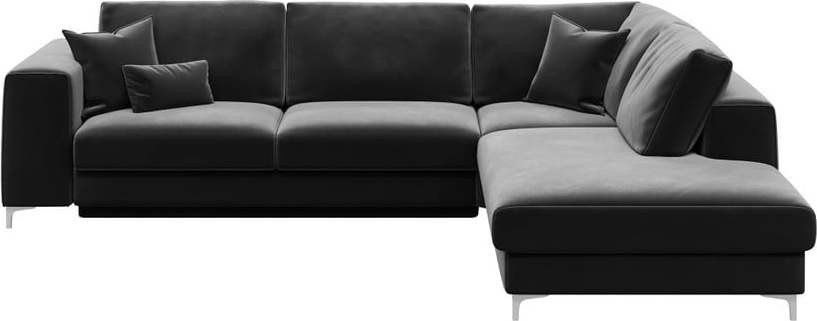 Tmavě šedá sametová rozkládací rohová pohovka Devichy Rothe, pravý roh