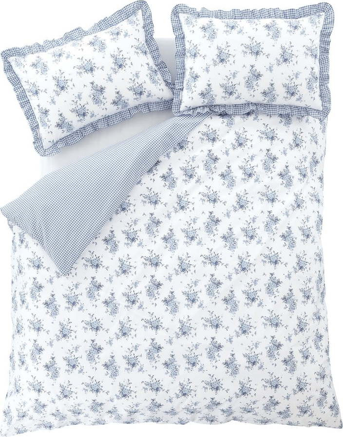 Bílo-modré prodloužené povlečení na dvoulůžko 230x220 cm Lucie Floral Frill – Catherine Lansfield