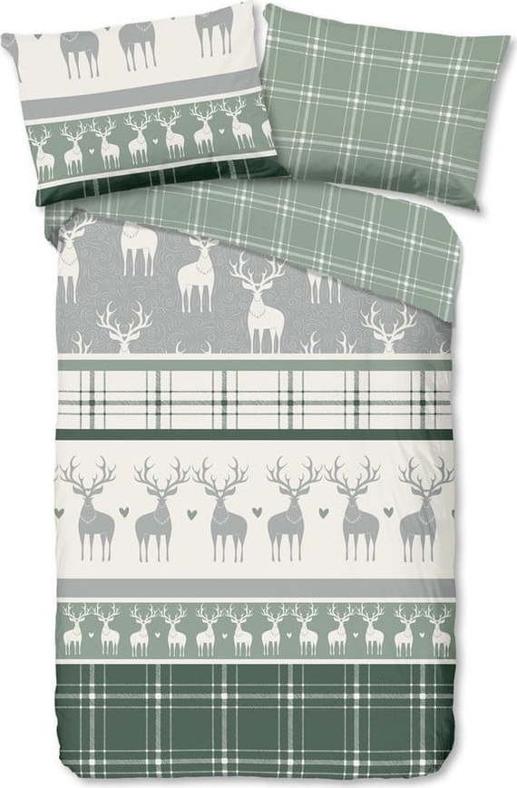 Zeleno-krémové flanelové povlečení na jednolůžko 140x200 cm Bjirk – Good Morning