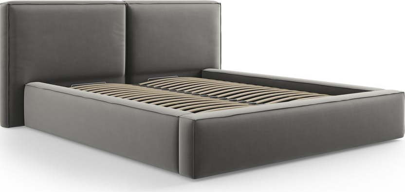 Šedá sametová čalouněná dvoulůžková postel s úložným prostorem s roštem 180x200 cm Arendal – Cosmopolitan Design