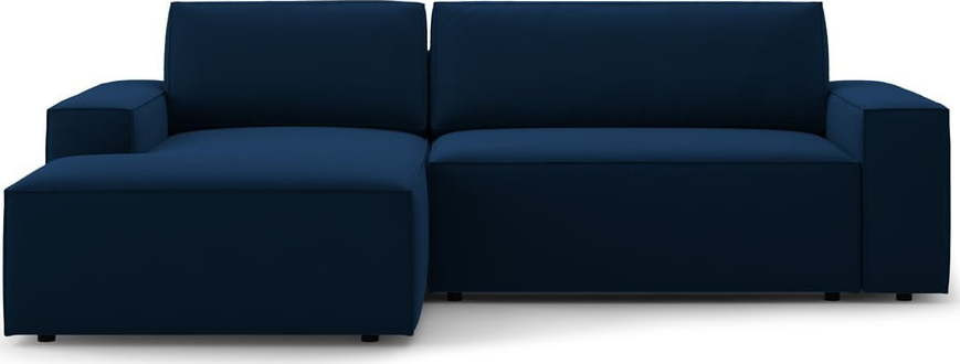 Tmavě modrá sametová rozkládací rohová pohovka s úložným prostorem (levý roh/s lenoškou) Jodie – Micadoni