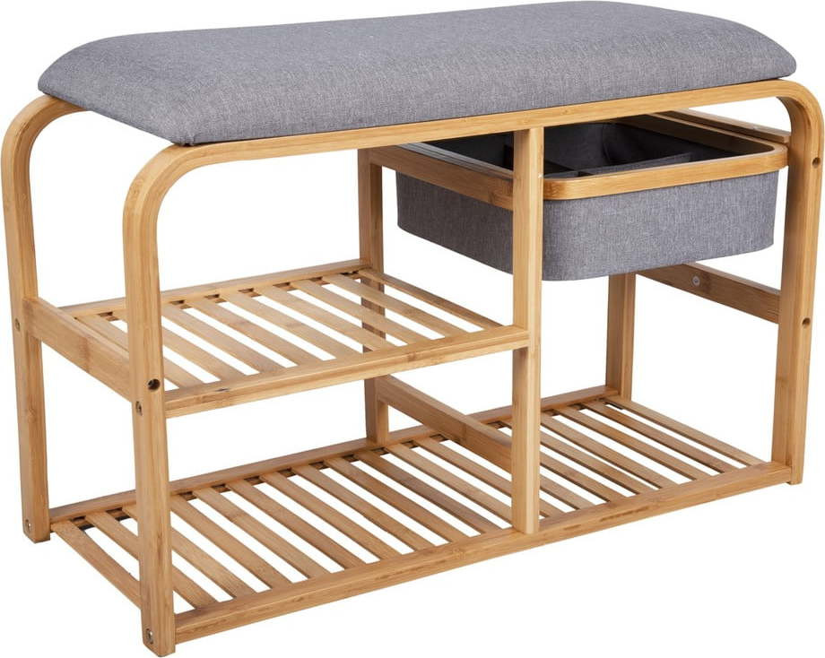 Bambusový botník s šedým polstrováním Leitmotiv Bench, šířka 70 cm