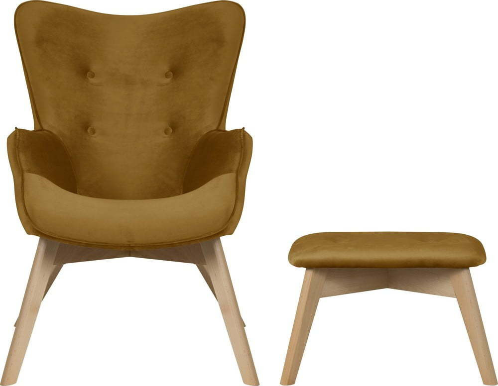 Sametové křeslo s podnožkou v hořčicové barvě Niko – Ropez