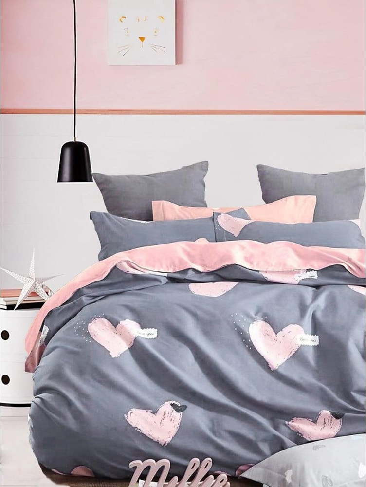 Růžovo-šedé prodloužené povlečení na dvoulůžko z bavlny Renforcé s prostěradlem/4dílné 200x220 cm Beloved – Mila Home