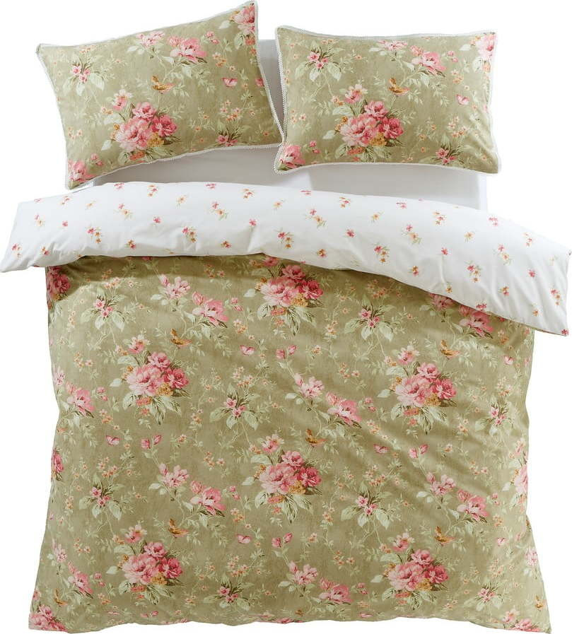 Bílo-zelené prodloužené povlečení na dvoulůžko 230x220 cm Penelope Floral – Catherine Lansfield
