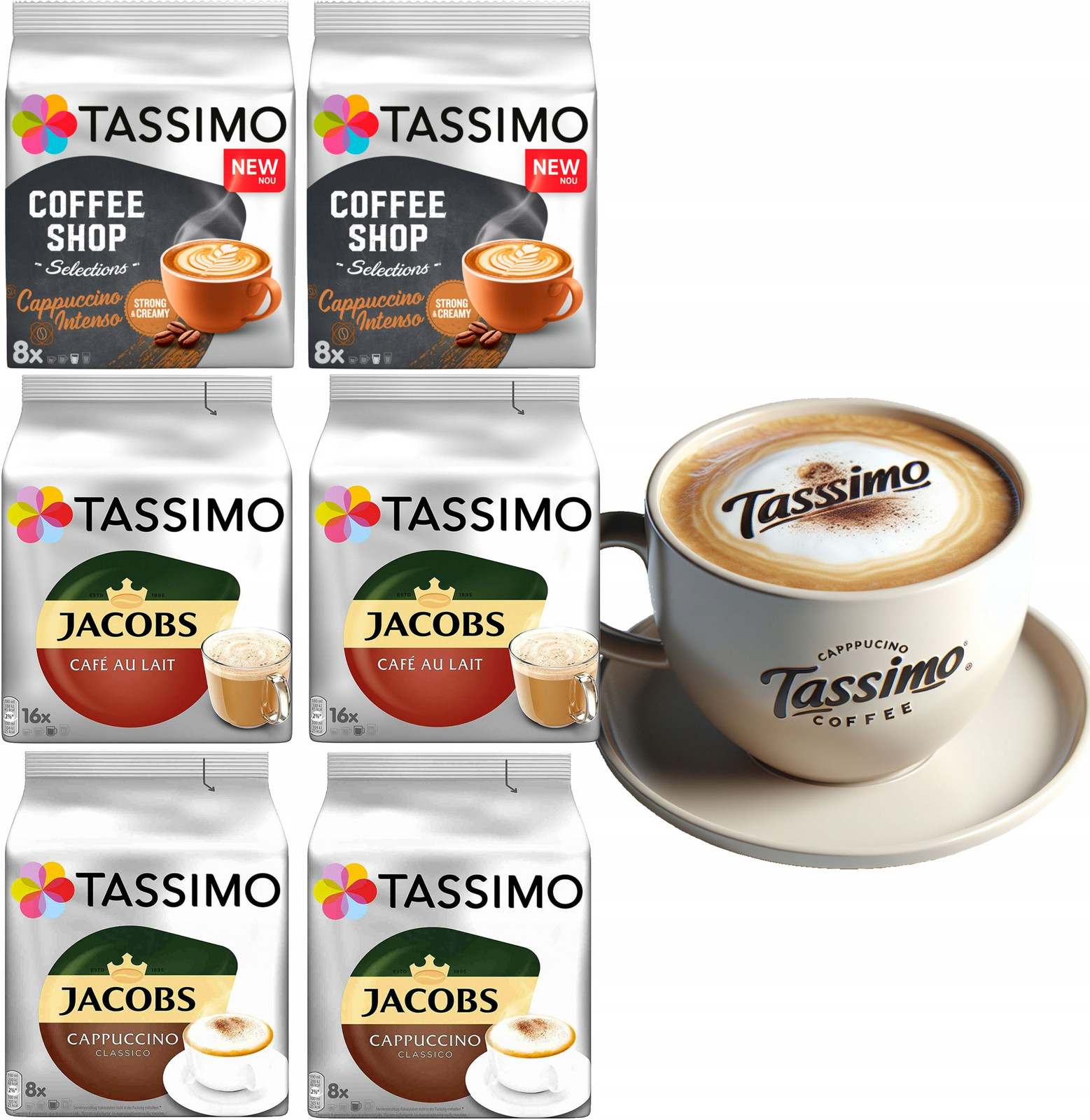 Kapsle Tassimo káva Jacobs Cappuccino Au Lait 64 kusů Sada
